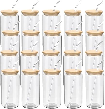 20-Pack Glass Cups with Bamboo Lids and Glass Straw